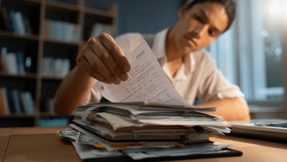 Two stacks of paper bills on a ledger desk, a short stack under a hand-drawn question mark beside a stack three times taller, with a teal-rimmed magnifying glass resting against it, illustrating guessed versus actual monthly spending