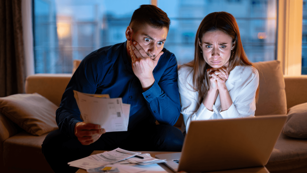 Illustration of a hand hiding a folded receipt under a rug while a partner stands turned away, symbolizing financial infidelity and hidden spending in a relationship.