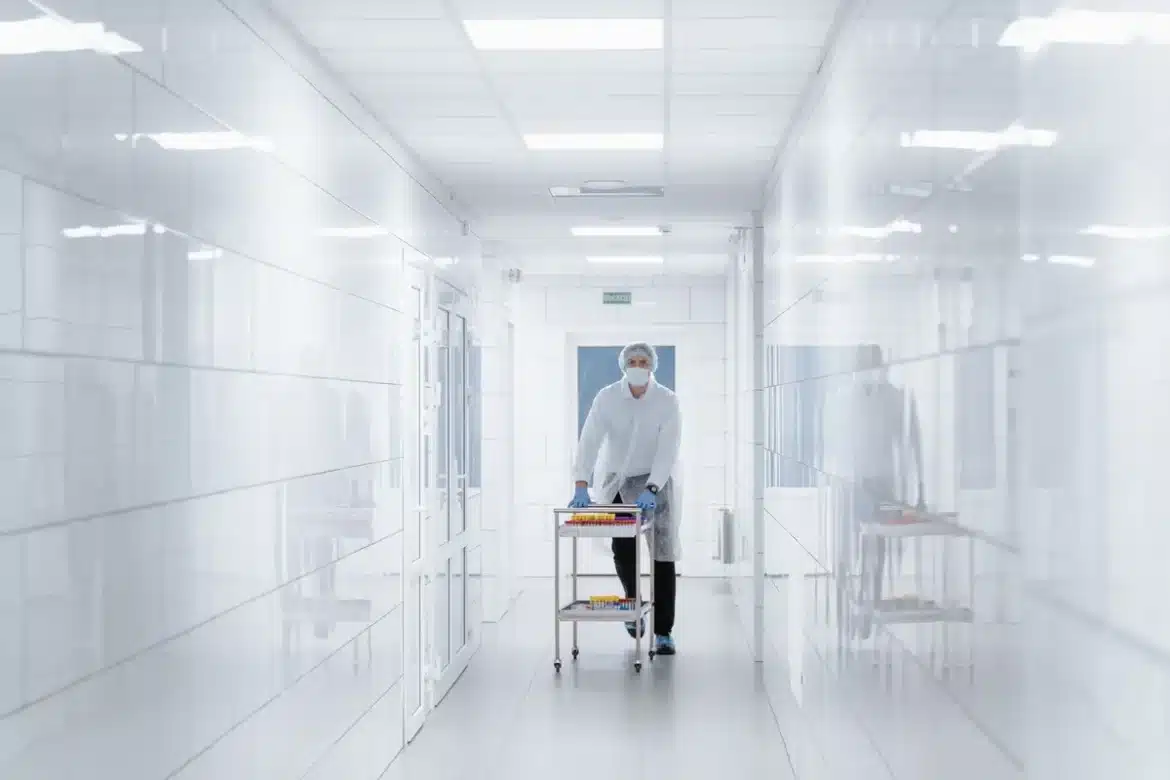 Technicien en blouse blanche ajustant des instruments optiques dans une salle blanche équipée de matériel de précision.