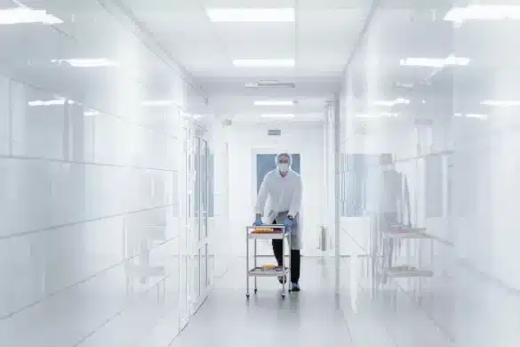 Technicien en blouse blanche ajustant des instruments optiques dans une salle blanche équipée de matériel de précision.