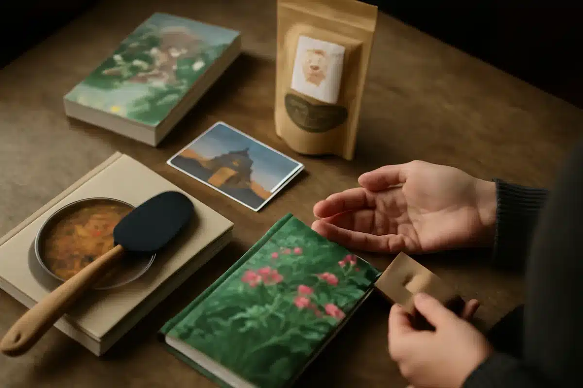 Idées d’associations simples et efficaces — Roman cosy + sachet de thé artisanal Mémoire de voyage + carte postale de la destination Beau livre de cuisine + ustensile (spatule, moule) ou épices Livre de jardinage + graines du moment