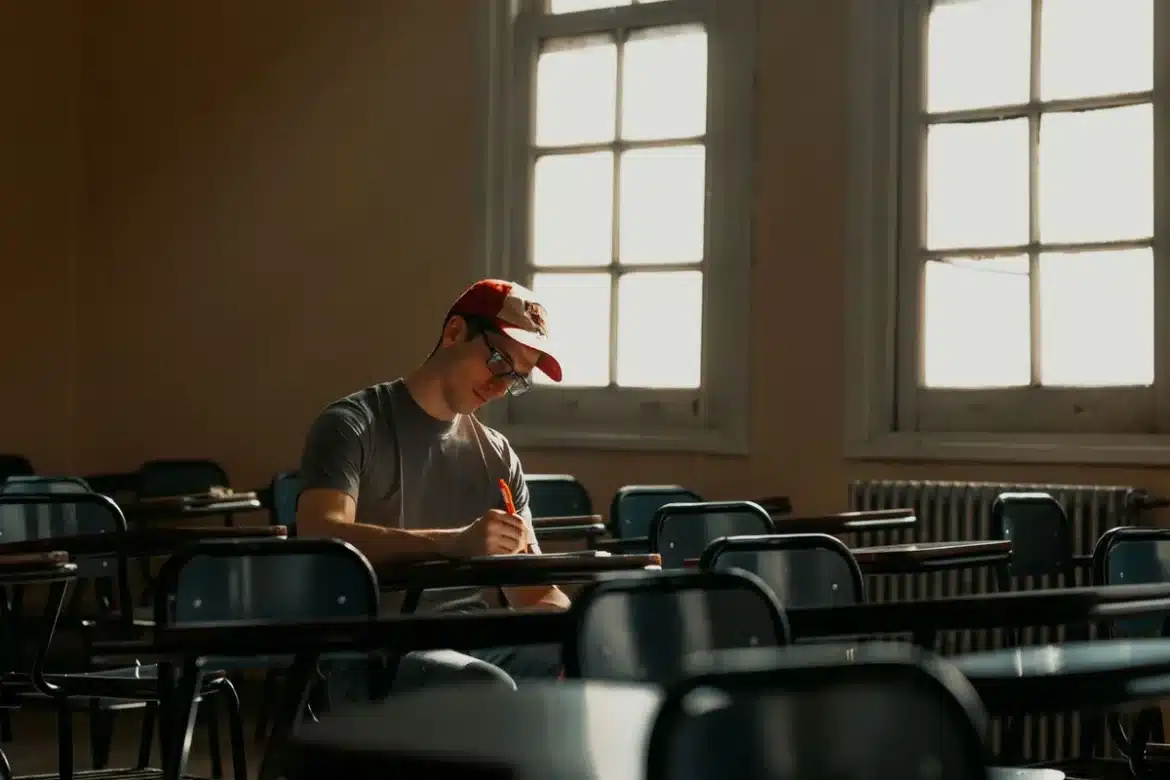 Candidat en train de passer un examen, horloge visible en arrière-plan, feuille de réponses sur le bureau.