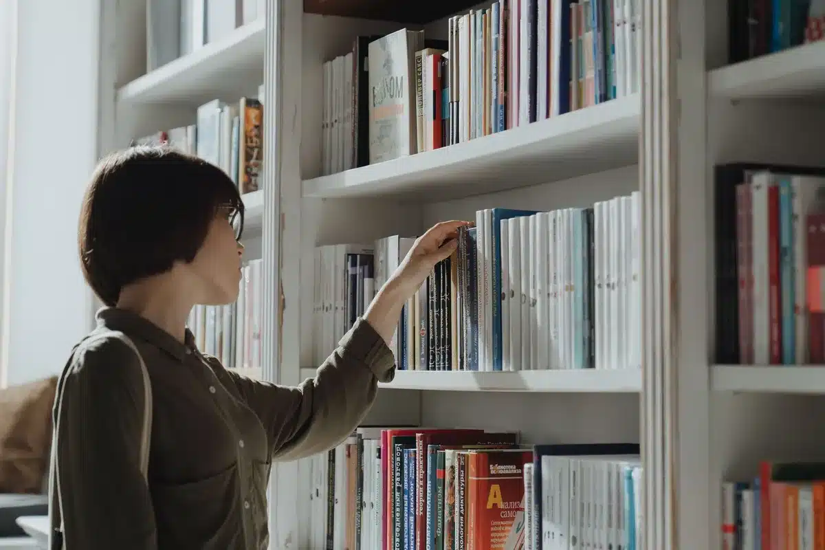 Lecteur parcourant les pages d'un livre ouvert, réfléchissant à ses critères de sélection