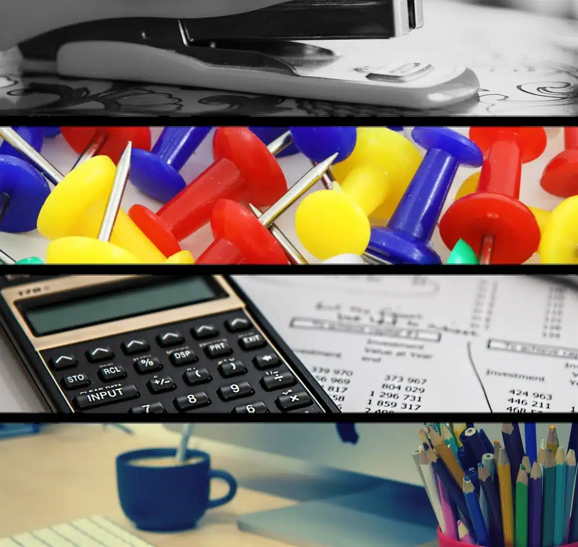 Bureau en journée avec documents fiscaux et calculatrice sur une table en bois
