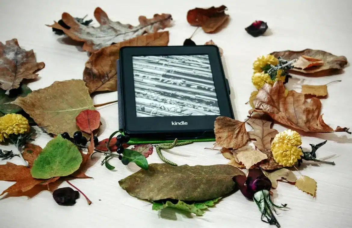 Table de jardin en plein jour avec livres, liseuse et tasse de thé