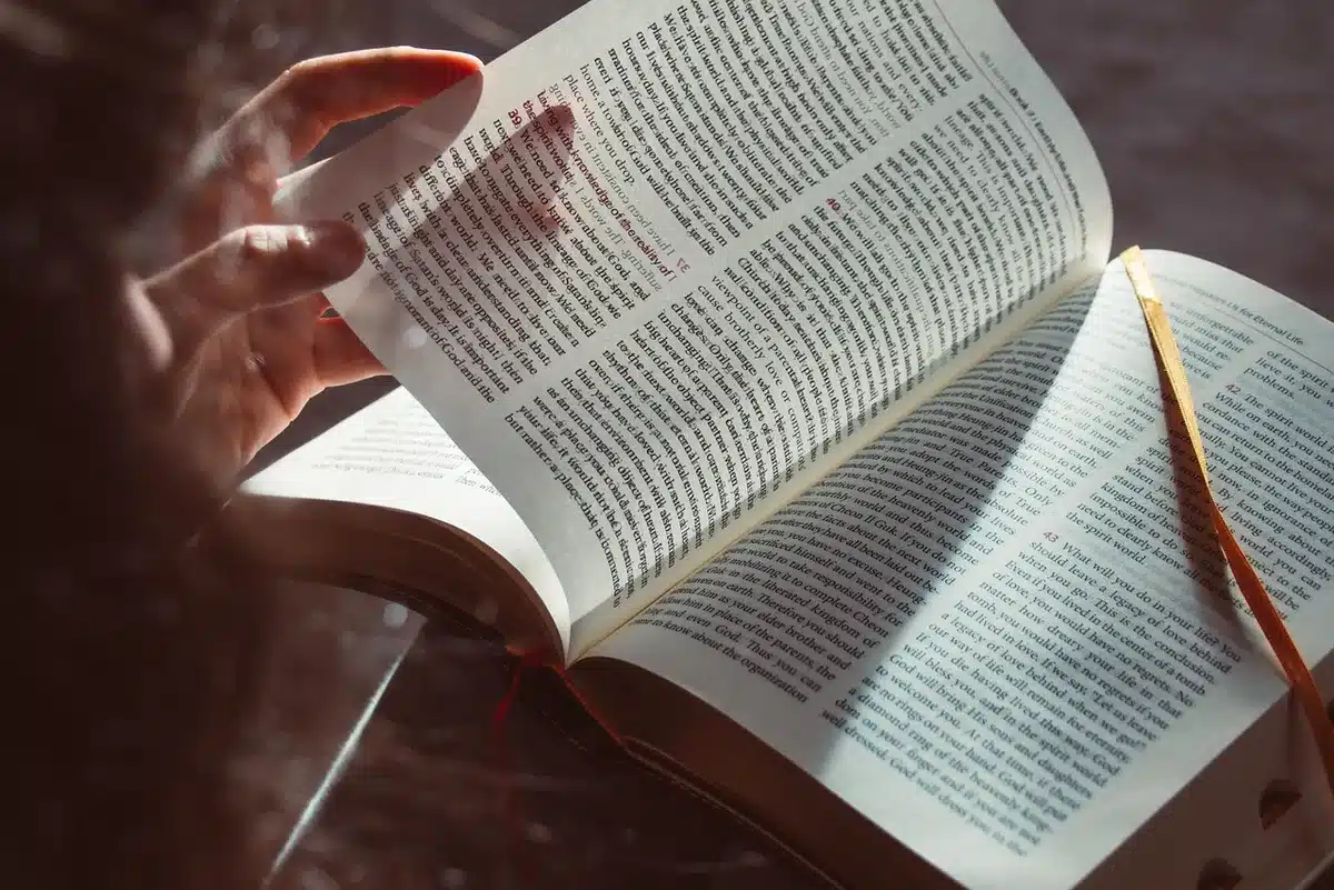 Personne feuilletant un livre de vulgarisation marine sur un bureau